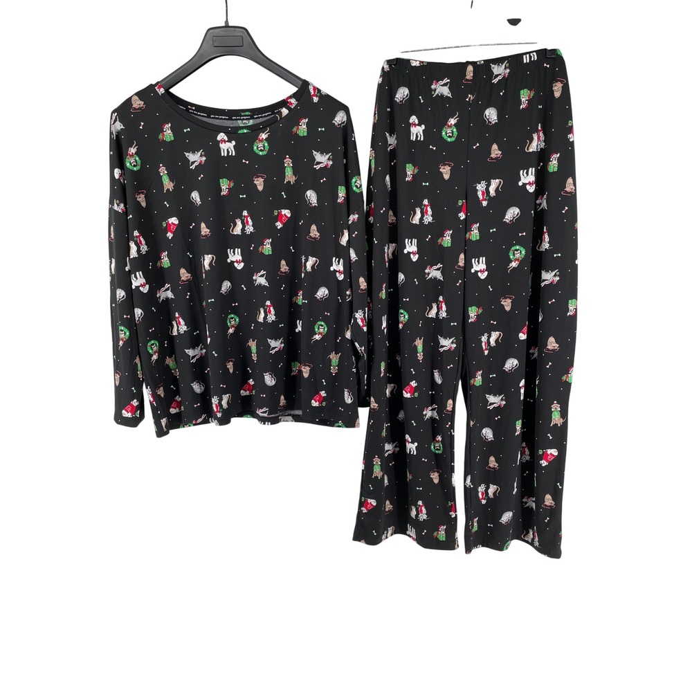 JoySpun Pajama Set Womens 2X‎ Black Christmas Holiday Dog Cat Loungewear